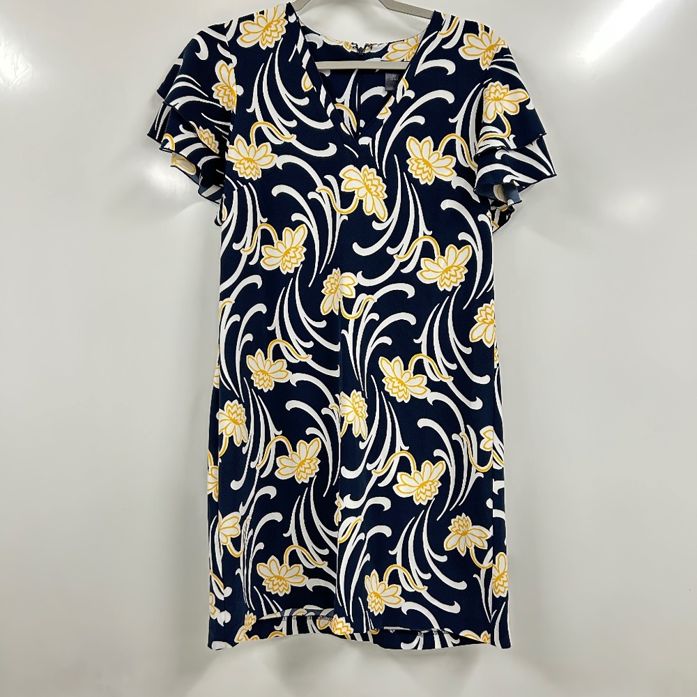 NWT Ann Taylor Navy Floral Shift Dress 2P Petite Ruffle Sleeve Work Office Chic